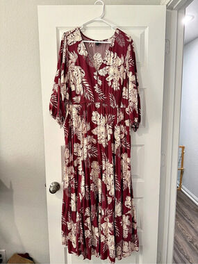 Torrid Maxi V-Neck Raglan-Sleeve Dress Floral Dress Red & White Size 2